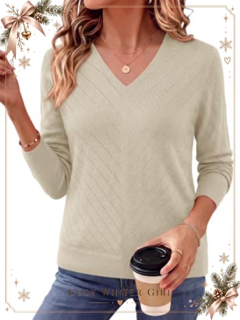 V-Neck Chevron Pointelle Knit Sweater Long Sleeve Pullover Lightweight